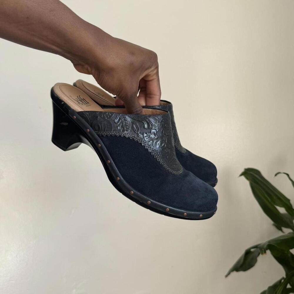 Vintage‎ SÖFFT Tooled leather suede clogs Mid heel mules size 7.5